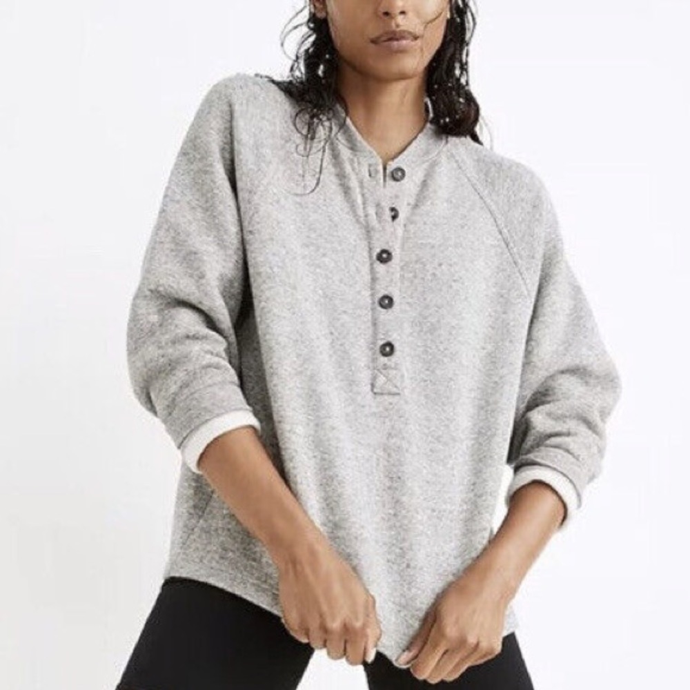 Madewell Betterterry Henley Sweatshirt Crewneck Long Sleeve Heather Grey